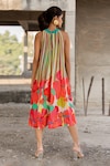 Shop_Pooja-Keyur_Multi Color Voil Silk Print Stripe Round Collar And Floral Dress _at_Aza_Fashions