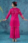 Shop_Kacha Tanka_Pink Cotton Satin Applique Floral V Neck Flower Angarkha Kurta Set _at_Aza_Fashions