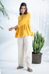 Shop_Pants and Pajamas_Yellow Hand Woven Cotton Embroidered Stitch Lines Round Suryamukhi Peplum Top _at_Aza_Fashions