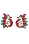 Shop_Palace Of Silver_Red Kundan Jadau Peacock Shaped Stud Earrings_at_Aza_Fashions