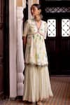 Shop_Rajiramniq_Ivory Organza, Crepe Floral, Sequins V Neck Fariba Flower Print Gharara Set _at_Aza_Fashions