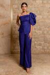 Shop B'Infinite Blue Crepe One Shoulder Asymmetric Top And Trouser Set at Aza Fashions Shop_B'Infinite_Blue Crepe One Shoulder Asymmetric Top And Trouser Set_at_Aza_Fashions