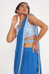 Shop Asaga Blue Silk, Georgette, Linen Embroidery V-neck Della Blouse Pre-draped Saree Set at Aza Fashions Shop_Asaga_Blue Silk, Georgette, Linen Embroidery V-neck Della Blouse Pre-draped Saree Set _at_Aza_Fashions