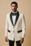 Shop_Philocaly_White Wool Blend Plain Bond Contrast Lapel Collar Tuxedo Blazer _at_Aza_Fashions