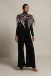 Shop Sejal Kamdar Black Silk, Satin, Gingham Embroidery Mandarin Jumpsuit With Embellished Jacket at Aza Fashions Shop_Sejal Kamdar_Black Silk, Satin, Gingham Embroidery Mandarin Jumpsuit With Embellished Jacket _at_Aza_Fashions