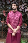 Shop_Hilo Design_Magenta Raw Silk And Cotton Lycra Embroidery Leaf Motif Bundi & Kurta Set _at_Aza_Fashions