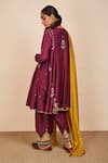 Shop_Sue Mue_Wine Tussar, Georgette, Silk Embroidery, Zari Short Anarkali Salwar Set _at_Aza_Fashions