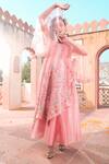 Show Shaa_Peach Kota Doria, Cotton, Crepe Sequins, Floral Applique Angarkha Pant Set _Online_at_Aza_Fashions