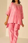 Shop_Betrue_Pink Chanderi Cotton, Silk Embroidery Boat Asymmetric Hem Shibori Top And Pant Set _at_Aza_Fashions