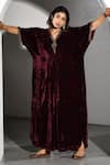 Shop_K-Anshika_Maroon Velvet Embroidery V-neck Zari Neckline Kaftan _at_Aza_Fashions