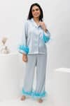 Shop_Dawn And Dusk_Blue Silky Satin Collared Neck Dream Feather Detailed Shirt And Pant Set _at_Aza_Fashions