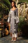 Shop_Sahil Kochhar_Grey Chanderi, Satin Lace Round Neck Zubaida Bloom Embroidered Kurta _at_Aza_Fashions