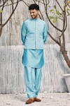 Shop_Charkhee_Blue Jacket  Dobby Cotton Hand Embroidered Beads  _at_Aza_Fashions