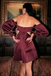 Shop_Kangana Trehan_Maroon Satin Embellished Metallic Straight Off Shoulder Cutout Dress  _at_Aza_Fashions