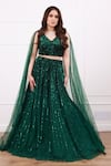 Shop_Megha & Jigar_Green Net Embroidered Sequin V Neck Stripe Lehenga Set _at_Aza_Fashions