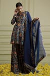 Shop_AFFROZ_Blue Russian Silk Printed Paisley Jaal V Neck Kurta Sharara Set _at_Aza_Fashions