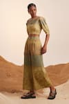 Shop_Cord_Yellow Cotton Satin, Linen Round Neck Scallop Impression Print Top _at_Aza_Fashions