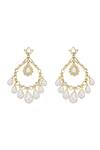 Shop_Isharya_White Japanese Cotton Ball Pearl Elongated Crystal Studded Jhoomer Earrings_at_Aza_Fashions