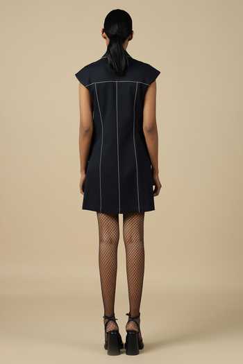 Shop_Shahin Mannan_Blue Gabardine Embroidery Split V-neck A To Z Pocket Dress _at_Aza_Fashions