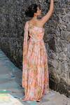 Shop_Redpine Designs_Peach Viscose Crepe Print Water Splash Floral Asymmetric Neck Jumpsuit _at_Aza_Fashions