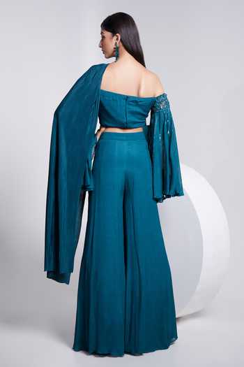 Shop_Suruchi Parakh_Green Crepe Cut Work, Sequins Off-shoulder Cutdana Embroidered Sharara Set _at_Aza_Fashions