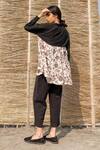 Shop_Ayaka_Black Corduroy With Viscose Tabby Block Print Floral Slim Collar Shirt  _at_Aza_Fashions