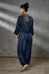 Shop_Aditi Somani_Blue Jacket Modal Satin, Jumpsuit Silk Suede Sequins, Draped With Embroidered _at_Aza_Fashions