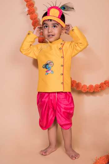 Shop_Toplove_Yellow Cotton, Silk Beads, Embroidery Krishna Kurta And Dhoti Pant Set _at_Aza_Fashions