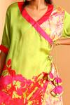 Shop_Moh India_Green Cupro Printed Floral V Neck Angrakha For Women_at_Aza_Fashions