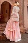 Shop_PREEVIN_Pink Peplum Top Cotton Mulmul Embroidery Thread Angrakha Sharara Set  _at_Aza_Fashions