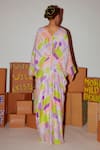 Shop_Nirmooha_Multi Color Mull Printed Geometric Plunge V Kaftan _at_Aza_Fashions