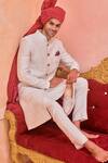 Shop_Philocaly_White Silk Embroidery Baandh Diamond Pattern Sherwani Set_at_Aza_Fashions