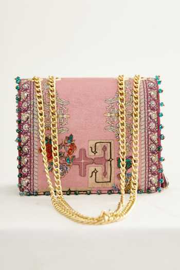 Shop_The Garnish Company_Purple Sequins, Crystals Sakura Japanese Floral Print Sling Bag _at_Aza_Fashions