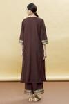 Shop_Samyukta Singhania_Brown , Satin, Silk Patchwork, Pattern Straight Kurta Set_at_Aza_Fashions