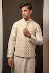 Shop_Darshika Menswear_Ivory Raw Silk Embroidery Thread Bundi _at_Aza_Fashions