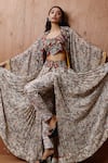 Shop_Pds By Sneha_Ivory Organza Crepe Cotton Lycra Print And Cape Wrap Skirt Set  _at_Aza_Fashions