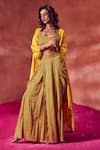 Shop_PUNIT BALANA_Yellow Satin And Organza Printed & Embroidery Cape & Draped Skirt Set _at_Aza_Fashions