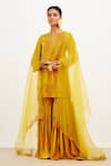 Shop_Devnaagri_Yellow Velvet And Organza Floral Notched Zari Embroidered Kurta Sharara Set _at_Aza_Fashions