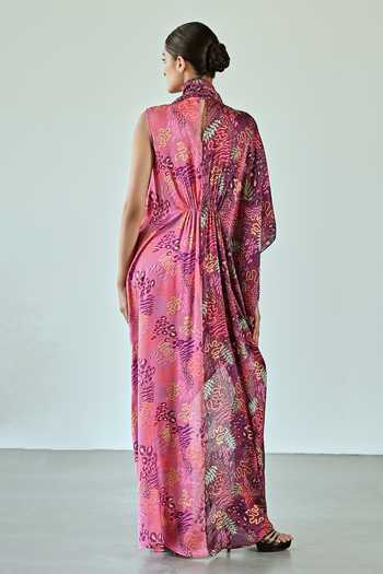 Shop_K-Anshika_Wine Satin V-neck Botanical Print One Shoulder Dress _at_Aza_Fashions