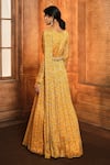 Shop_Aneesh Agarwaal_Yellow Chiffon Print Calico Flower Round Neck Draped Anarkali With Belt _at_Aza_Fashions