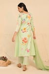 Shop_Chrkha_Green Cotton Satin Print Floral Round Neck Vintage Kurta Set _at_Aza_Fashions