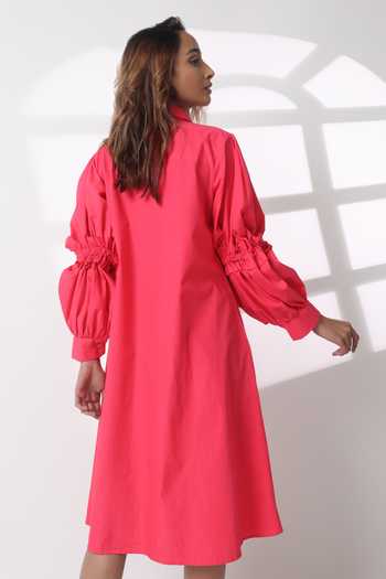 Shop_Studio Moda India_Pink Cotton Embroidery Collared Zephyrus Puff Sleeve Dress _at_Aza_Fashions