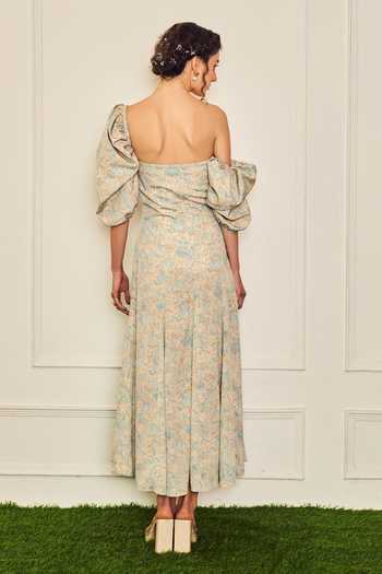 Shop_Therealb_Multi Color Polyester Square Neck Fallen Angel Puffed Sleeve Printed Dress  _at_Aza_Fashions