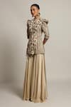 Shop_Sejal Kamdar_Beige Gajji Silk Embellished Cut Pipe Draped Jacket And Flared Pant Set  _at_Aza_Fashions