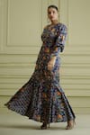 Shop_AFFROZ_Blue Russian Silk Printed Paisley Jaal V Neck Flared Dress _at_Aza_Fashions