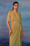 Shop_Rohit Gandhi + Rahul Khanna_Green Viscose Crystals, Sequins Pre-draped Peridot Embroidered Saree And Cape Set _at_Aza_Fashions