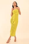 Shop_Vanshika Agarwal Label_Yellow Satin, Georgette, Taffeta Square Neck Neon Cowl Ruched Midi Dress _at_Aza_Fashions