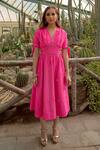 Shop_Kacha Tanka_Pink Dupion Art Silk Hand Embroidery Danka V Neck Work Midi Dress _at_Aza_Fashions