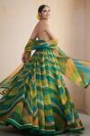 Shop_Cedar & Pine_Green Organza Mukaish, Sequin And Thread Work, Waves Print Plunge V Lehenga Set_at_Aza_Fashions