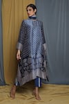 Shop_Krishna Mehta_Blue Tussar Keyhole Neck Geometric Hand Block Print Tunic _at_Aza_Fashions